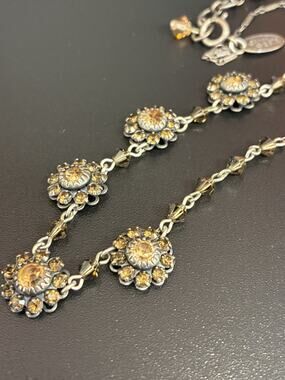 Liz Palacios SF Amber Crystal Floral Necklace Oxidized Silver Tone Swarovski